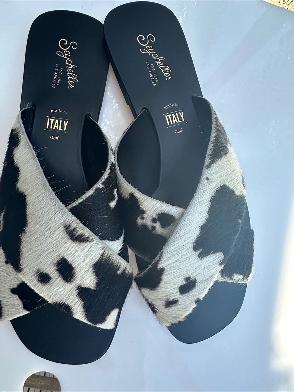 Seychelles Black and White Cowhide Crossband Slides